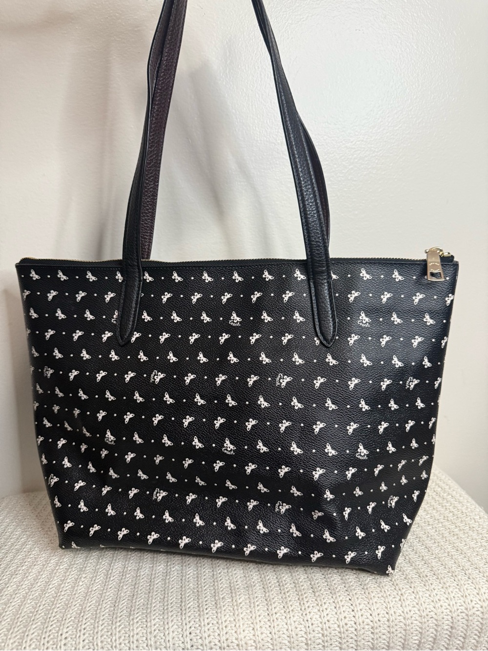 COACH Black Butterfly Print Leather Tote Bag large - Picture 9 of 13